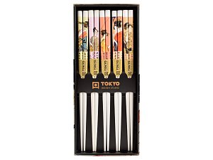 Hůlky sada 5 párů bílé s motivem gejši v dárkové krabičce