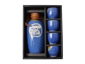 Set na sake modrý se znaky, japonský