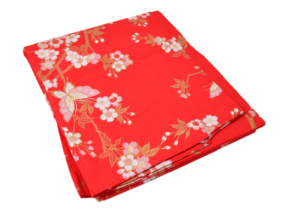 Yukata bavlněná červená se vzory kytek, M